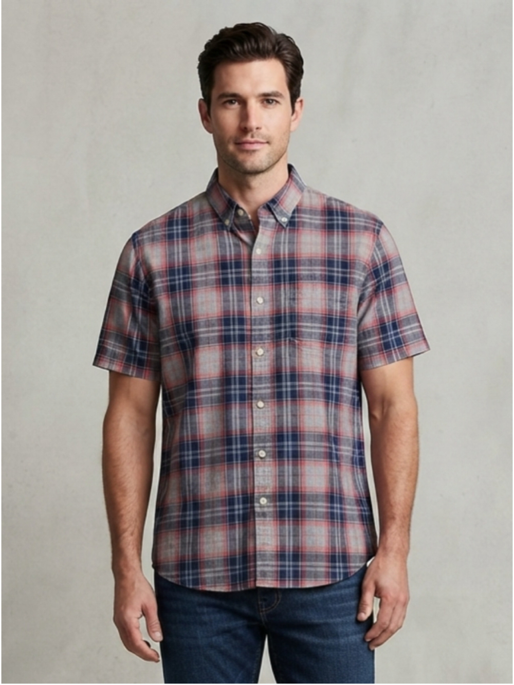 Sonoma blue pink grey short sleeve plaid button down mens shirt size L Large EUC